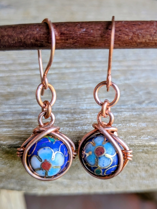 Artisan Jewelry - Copper Wrapped Cloisonne Earrings- Colorful Flower Blossom Details